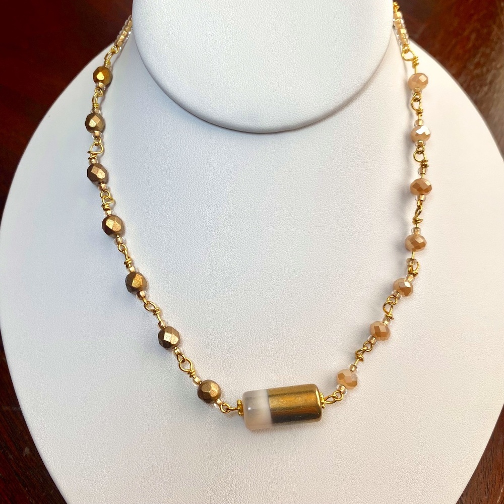 Wire Wrapped Gold & Peach colored Beads w Gold & Cream Barrel Pendant